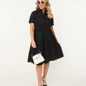 🖤 1950s-Inspired Black Eyelet Harlow Swing Dress